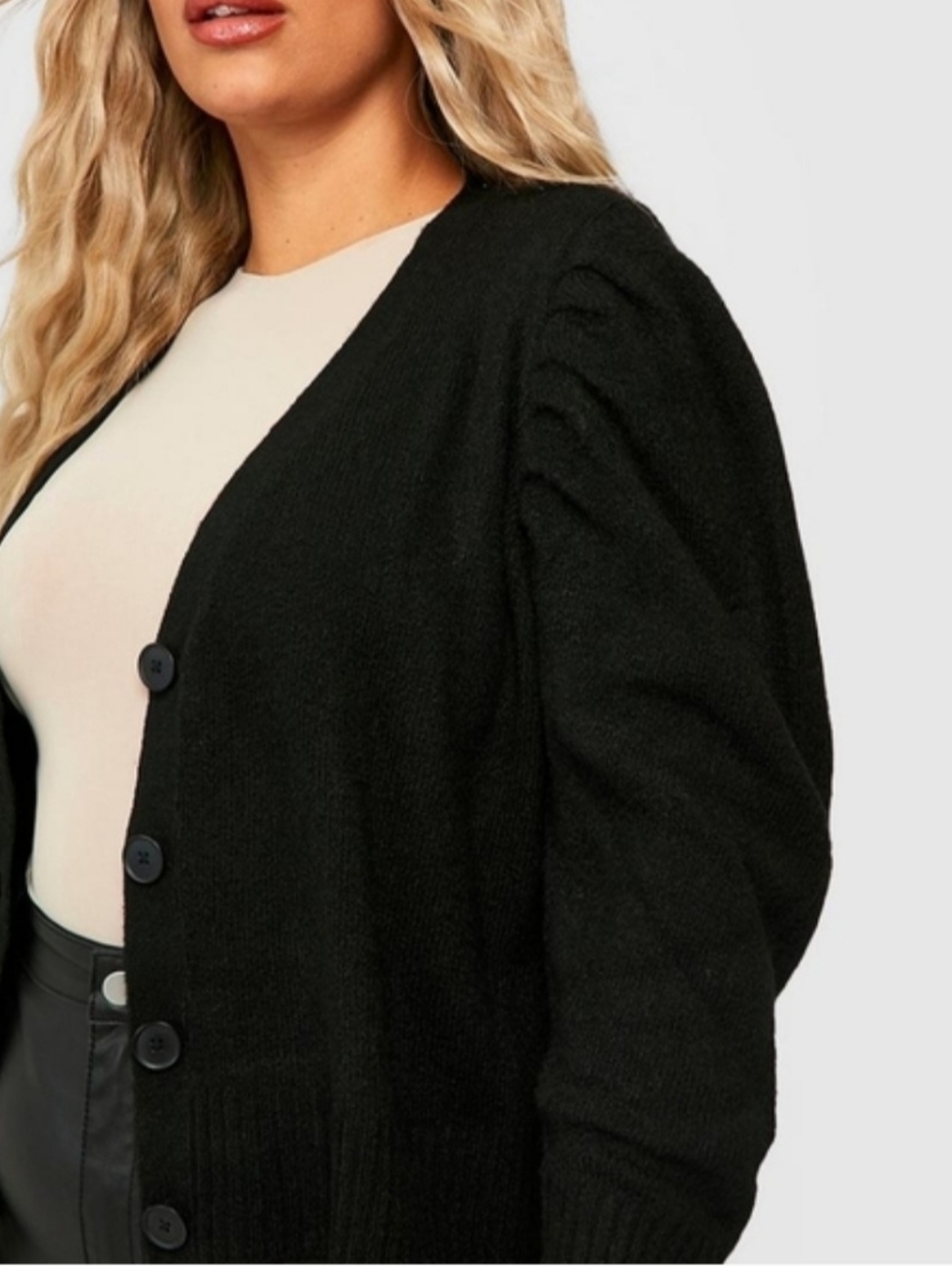 NWT Boohoo Plus Size Black Button-Front Puff-Sleeve Cardigan Size 22 - Picture 3 of 4